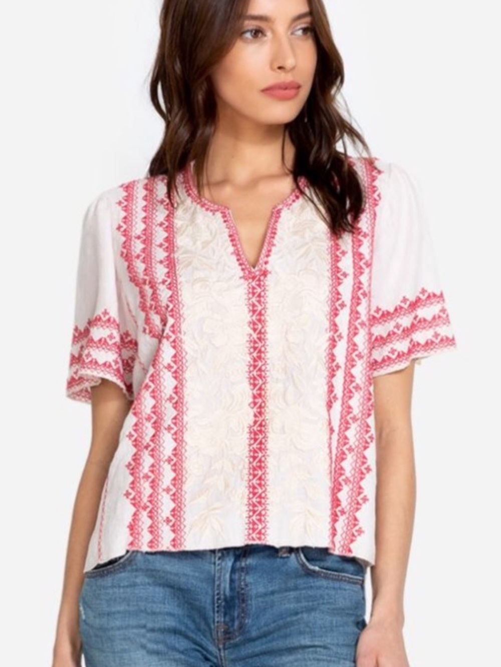 Johnny Was Camille Linen Red & Cream Pull On Floral Embroidered Shirt / Blouse.